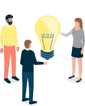 People sharing ideas around a big light bulb